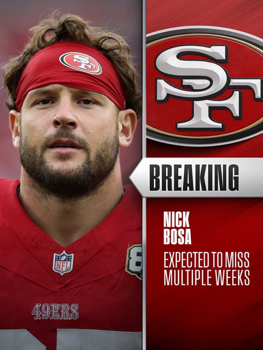 AdamSchefter's tweet photo. The 49ers now have seen six defensive linemen go down in the past two weeks:

🏈Nick Bosa (calf; expected to miss at least a few weeks)
🏈Alfred Collins (torn patellar tendon, season-ending)
🏈Sam Okuayinonu (broken foot)
🏈James Thompson Jr. (high-ankle sprain)
🏈Romello Height (broken hand)
🏈C.J. West (bone chip in knee)

Mykel Williams also is still on PUP from his ACL last season.