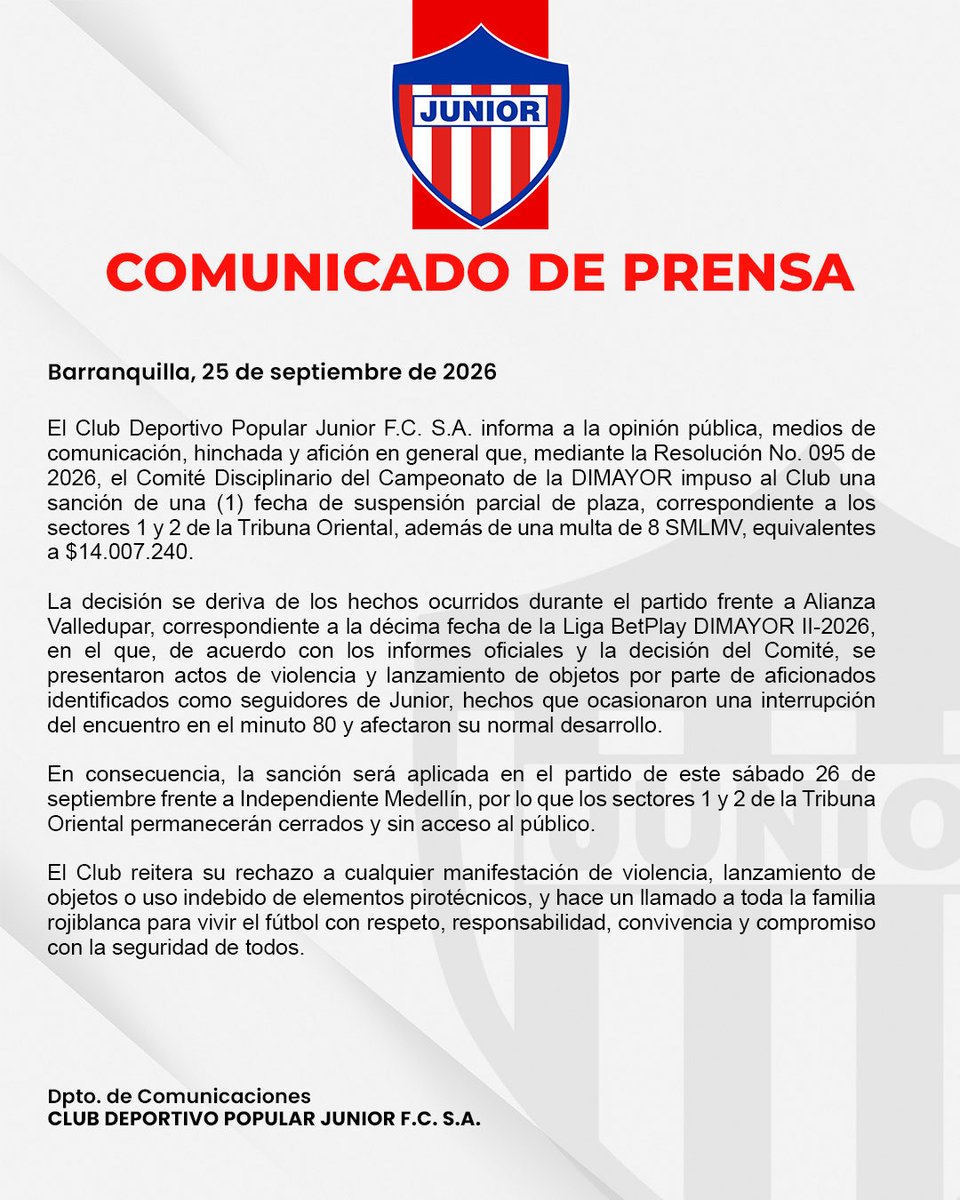 JuniorClubSA's tweet photo. 🚨COMUNICADO DE PRENSA🚨 https://t.co/ph8jG6Nxje