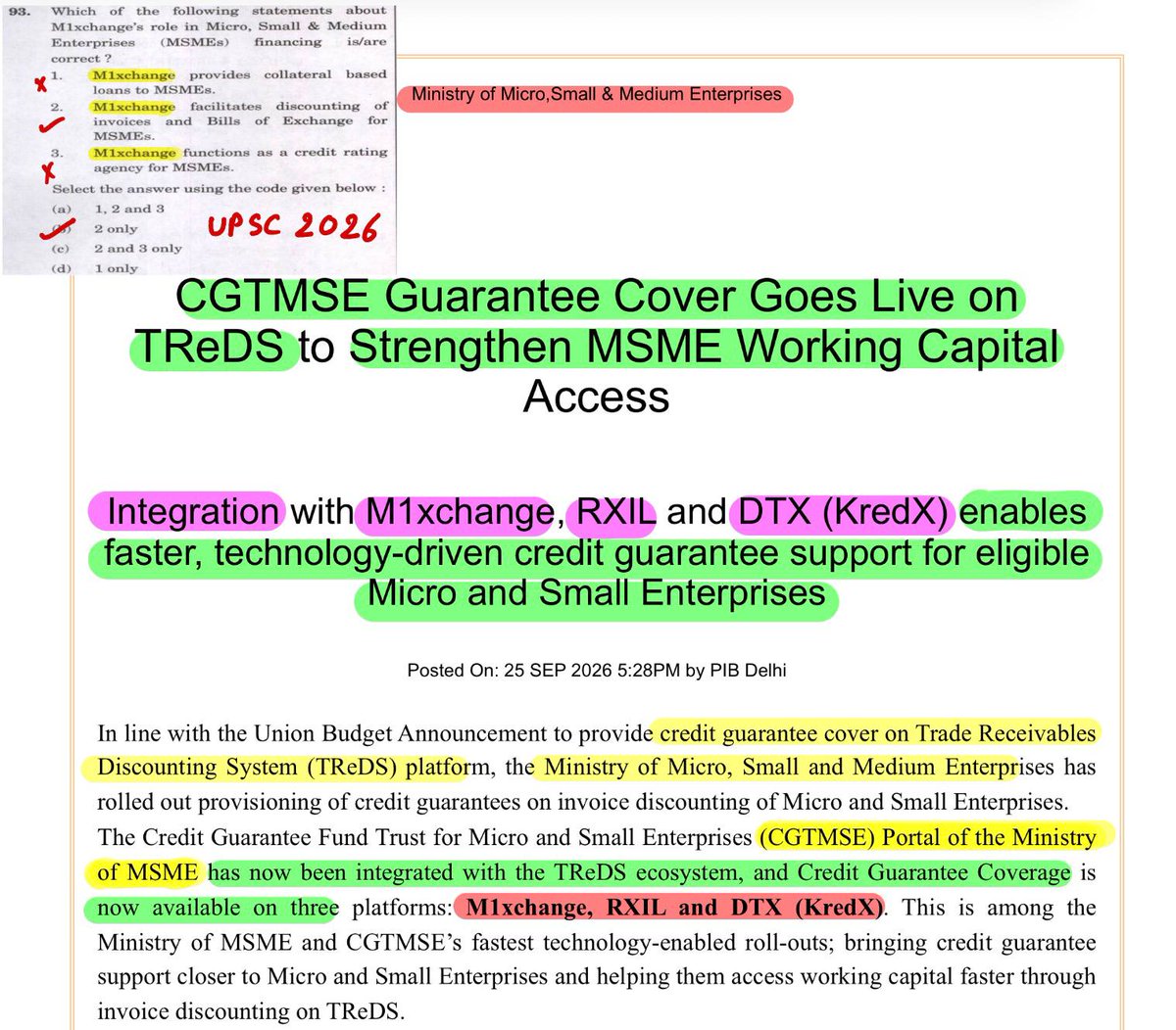 shubham31962's tweet photo. CGTMSE Guarantee Cover goes live on TReDS, enabling faster, technology-driven working capital support for eligible Micro & Small Enterprises. #MSME #CGTMSE #TReDS #DigitalIndia #UPSC2027 #UPSC #PIB #BPSC72 #BPSC #UPPCS For More, Join the Channel https://t.co/P31uUI5l6a https://t.co/eoJQeK6KxM