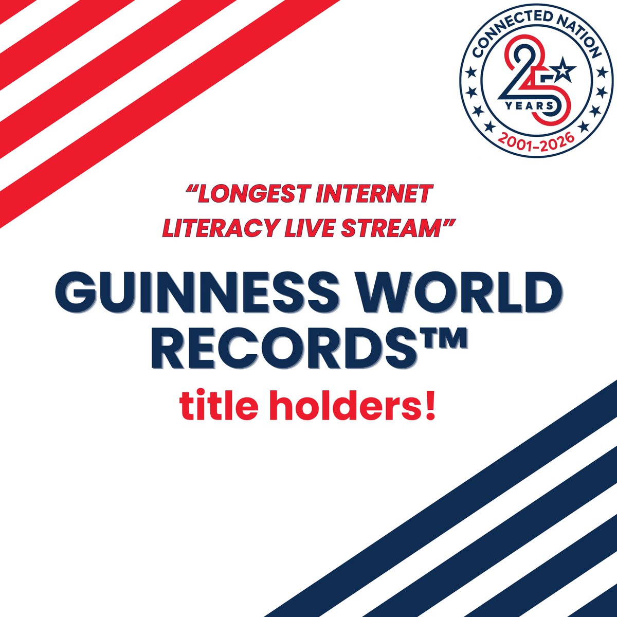 ConnectedFL's tweet photo. #ConnectedNation has earned a GUINNESS WORLD RECORDS™ title for the “longest internet literacy live stream,” marking 25 consecutive hours of free digital skills training around the world! 🌎

Here’s to 25 years of connecting people and to what comes next. https://t.co/kXoJmXraJC https://t.co/XK3DlriNi7