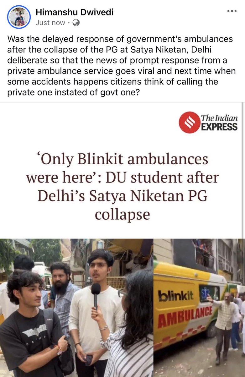 HDsmile's tweet photo. Was the delayed response of government’s ambulances at Satya Niketan, Delhi deliberate so that the news of prompt response from a private ambulance service goes viral and next time when some accident happens citizens think of calling the private one instated of govt one? https://t.co/KXmsz9CPsc