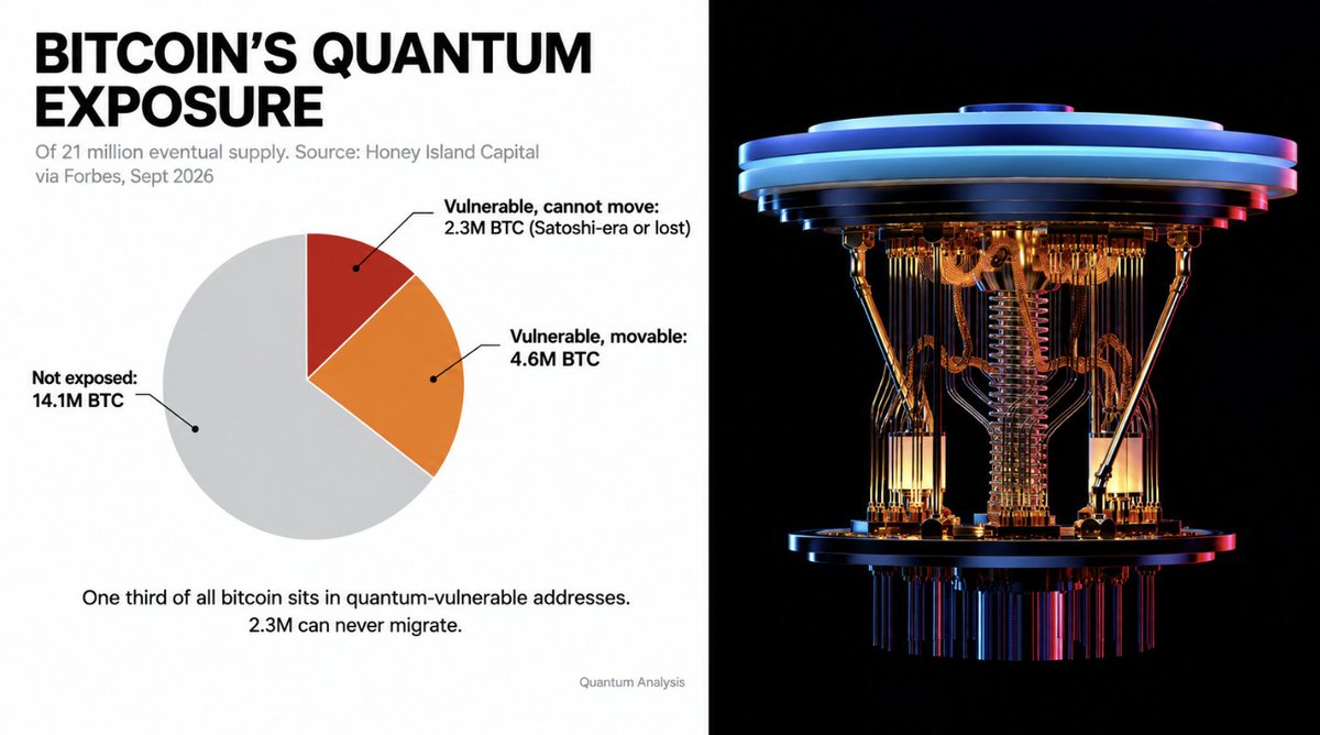 Qtumanalysis's tweet photo. A THIRD OF ALL BITCOIN IS SITTING IN ADDRESSES A QUANTUM COMPUTER COULD DRAIN.

Roughly 6.9 million BTC sit in addresses vulnerable to a cryptographically relevant quantum computer, about 2.3 million are Satoshi-era or presumed lost, so nobody can move them at all. 

The fix exists, NIST already standardized post quantum algorithms, but Bitcoin can't push an update the way Apple re-encrypted a billion iPhones. Every holder moves their own coins, every wallet has to support it, and bigger signatures mean fewer transactions per block.

Under calm conditions the math works, 25% of block space moves 90% of the at risk value in four days. Calm ends the moment the threat is visible, and an attacker wouldn't announce the machine, they'd start with the dormant coins. Leave 2.3 million unmovable coins for a quantum computer to eventually spend, or freeze them by rewriting Bitcoin's rules, the one thing it promised never to do. The cryptography is solved, the coordination isn't.

$BTC $IONQ $INFQ
