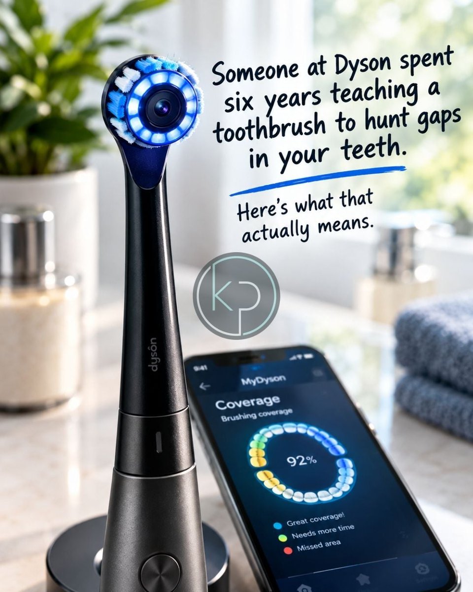kptech44_'s tweet photo. Dyson's $499 CameraJet toothbrush has a built-in camera that spots gaps between your teeth 28 times a second and fires a precision water jet at each one. It took 661 engineers, six years, 38 patents, and 16 million lines of code. That's just creepy!

https://t.co/zS9YajD6ZF https://t.co/QtNhGG69rc