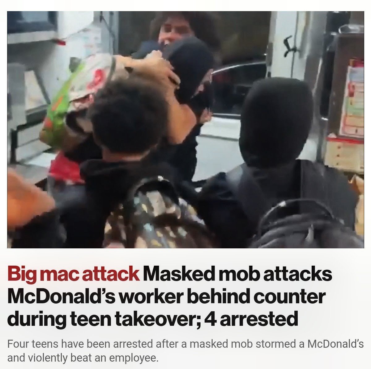 magajoe2's tweet photo. Good kid making his parents proud by working at McDs & these four worthless, psychos gang up on him and beat the hell out of him.
All four perps should be:
Tried as adults
Parent(s) of each Fhead should have to share the same sentence
and
No candy ass probation BS - jail. https://t.co/IoQsBWtYNg
