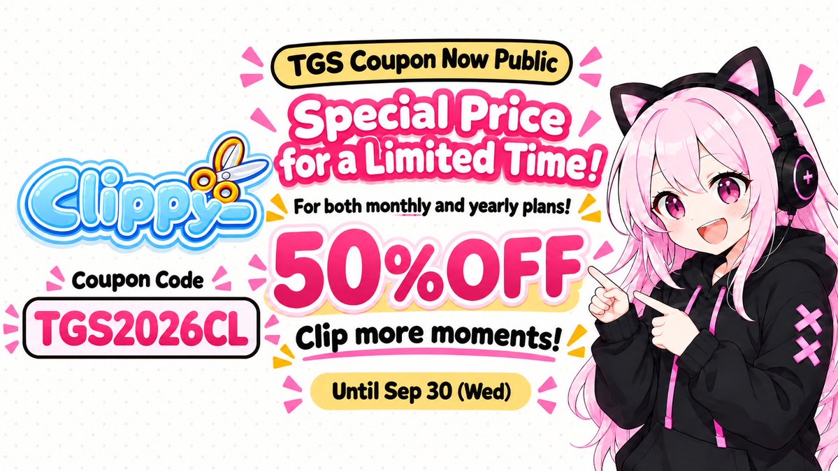 clippyy_global's tweet photo. 【Tokyo Game Show Special Coupon】

Following the cancellation of the final day of TGS, we’re making the coupon we shared at the venue available to everyone — whether you attended or not!

✨ 50% OFF both monthly and yearly plans until September 30
Coupon code: TGS2026CL

https://t.co/PdC8CzP3Jk

Tired of searching through recordings and wondering, “Where was that fight again?”

Clippyy automatically detects and saves combat scenes while you stream or record with OBS, so you can spend less time searching and more time creating clips.

※ Cannot be combined with other coupon codes.
#Clippyy #TGS2026