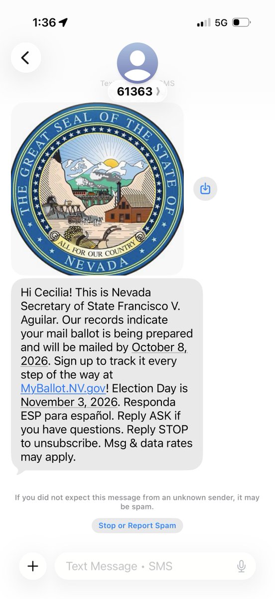 NVSOS's tweet photo. Keep an eye on your texts for a mail ballot update from the NVSOS! The mailing date in your message depends on your county and may differ from this example. Update your contact info at https://t.co/UghZvTszXg and track your ballot at https://t.co/WKk2bFoEJ3. https://t.co/ZrNgT6eQ9U