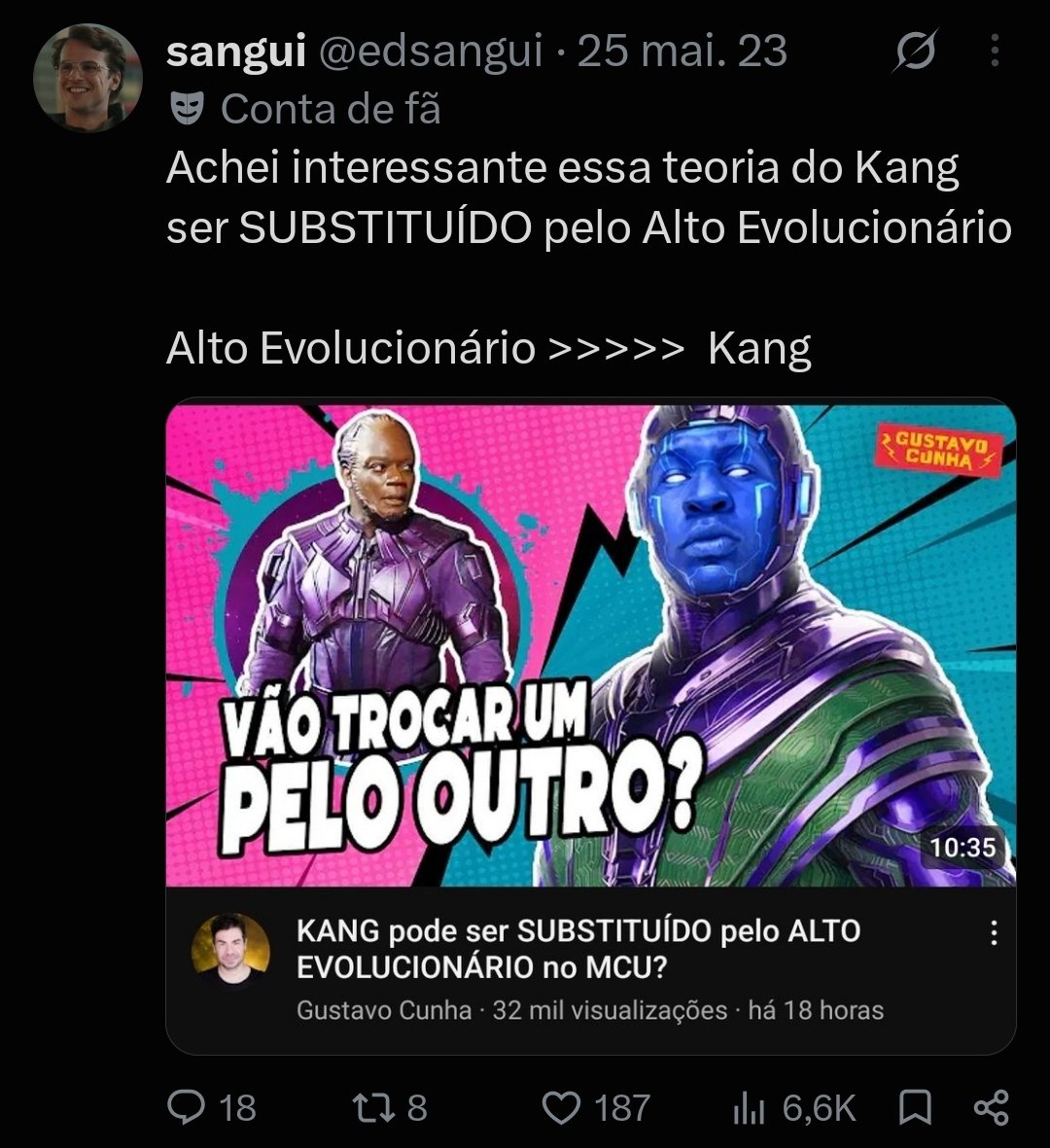 NerdTowerYT's tweet photo. As opiniões mais comuns sobre Kang em 2023, ele tava sendo desenvolvido e a galera teve zero paciência. Aconteceu o que aconteceu com o Jonathan Majors e a Marvel partiu pra um plano mais safe. Não da pra fingir que tava todo mundo fechado com a história do Kang não, não tava https://t.co/QlJ7DHjNRA