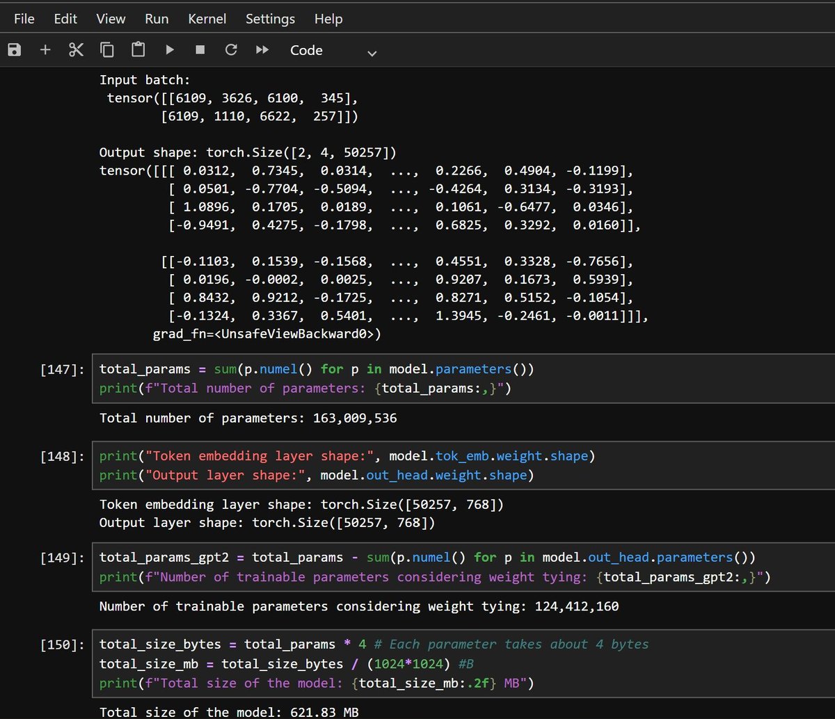 shoupxx's tweet photo. Day 115 —> Becoming an AI Engineer

Implemented the GPT architecture from scratch.

124.4M trainable params | ~622 MB

Shocked how much engineering sits behind a seemingly simple architecture.

Insights : Simple blocks + scale → powerful capabilities.

#LLM #GPT #DL #NLP https://t.co/ttxioIa1wi