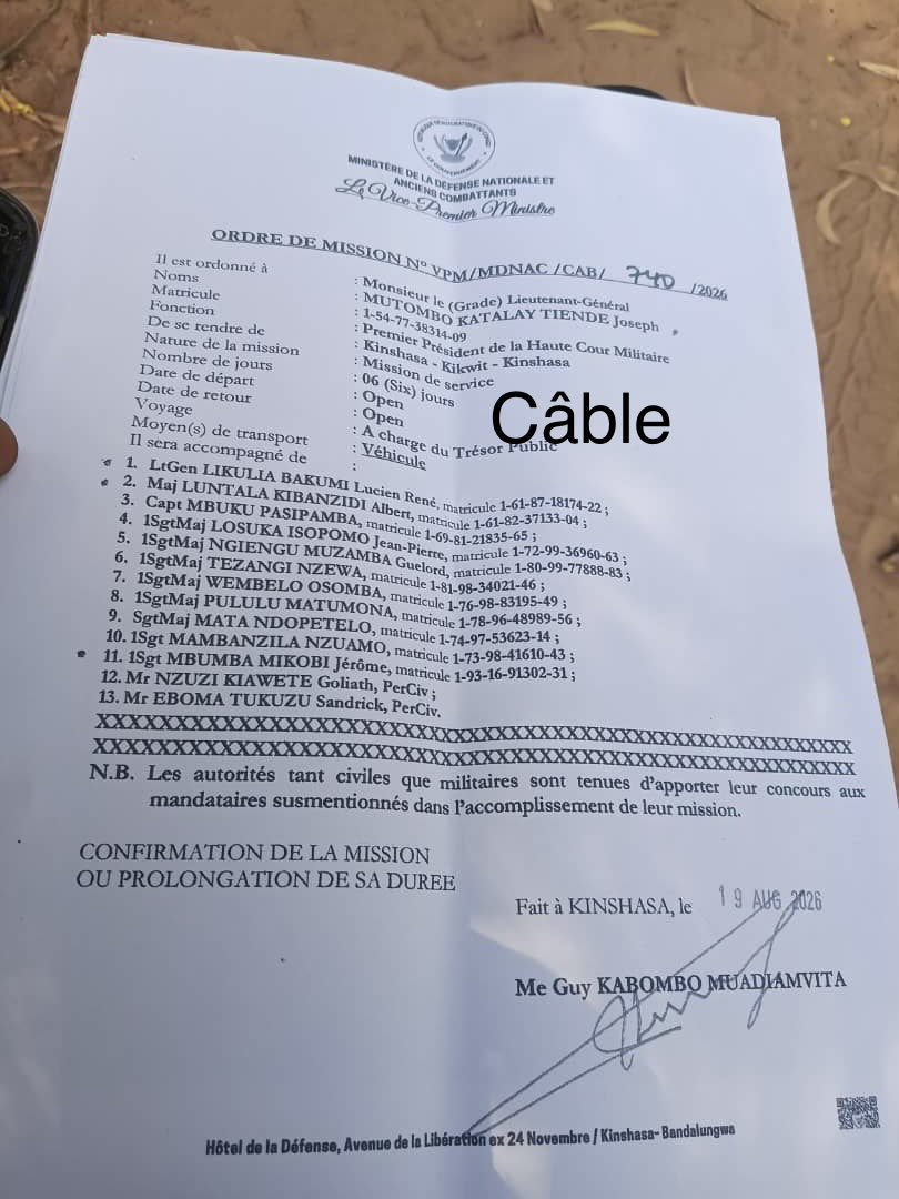 wembi_steve's tweet photo. #RDC : 🚨🛑 Crash aérien à Kenge | Selon l’ordre de mission du ministère de la Défense nationale daté du 19 août 2026 et signé par le vice-Premier ministre Guy Kabombo Muadiamvita, le lieutenant-général Joseph Mutombo Katalay Tiende, Premier président de la Haute Cour militaire, et le lieutenant-général Lucien-René Likulia Bakumi, auditeur général des FARDC, figuraient parmi les passagers de l’aéronef Let 410 immatriculé 9S-GUC, qui s’est écrasé ce vendredi dans les environs de Kenge, dans le Kwango.

Ils effectuaient une mission de service sur l’axe Kinshasa–Kikwit–Kinshasa.