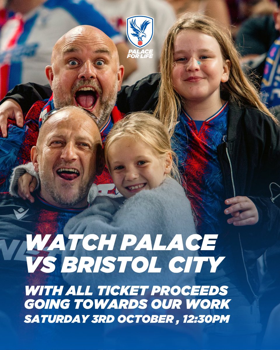 PalaceForLife's tweet photo. Head down to Selhurst Park on Saturday October 3rd as @CPFC take on Bristol City at 12:30pm 🦅

With all match proceeds going towards our work ❤️💙

Buy your tickets now 👇
https://t.co/OJ3sNE9OIA 🎟️ https://t.co/w3rjkoNYz5