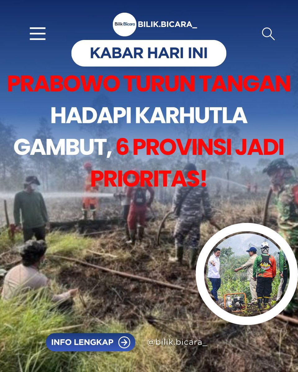 bilikbicara's tweet photo. Ancaman kebakaran di lahan gambut tak bisa dianggap remeh! Prabowo turun tangan untuk memastikan penanganan berjalan efektif. Fokus utama kini diarahkan ke 6 provinsi prioritas dengan kerawanan tertinggi
​#BilikBicara #BeritaTerkini #PrabowoMoveOn #KarhutlaGambut #FokusPenanganan https://t.co/3ZZz9G7OwU