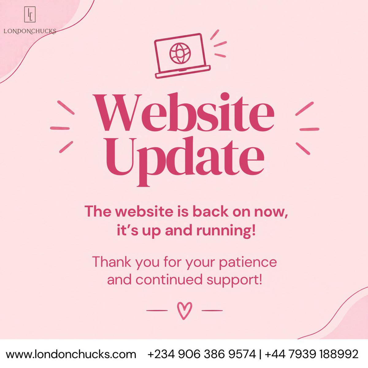 LondonchucksLtd's tweet photo. We’re back! 💕
Our website is up and running again, thank you for your patience and continued support through the update.
Visit https://t.co/9Ky3Pj10cL to shop now.
#WebsiteUpdate #LondonChucks #BackOnline #ThankYouForYourSupport #fyp https://t.co/Q7cZ9b3gpn