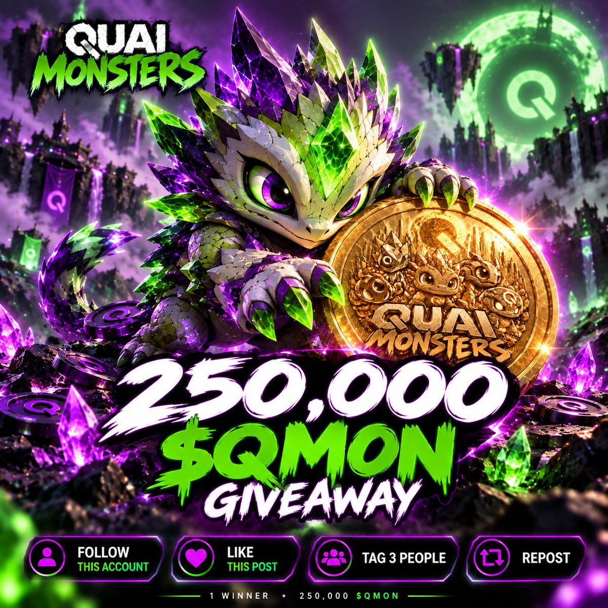 QuaiMonsters's tweet photo. 250,000 $QMON Giveaway!

Follow this account
Like this post
Tag 3 people
Repost

One winner will receive 250,000 $QMON
Quai compatible wallet required

Winner drawn at random: 27 Sep 2026 • 20:00 UTC

#QuaiMonsters #QuaiNetwork #Giveaway https://t.co/9K6UchpXSv