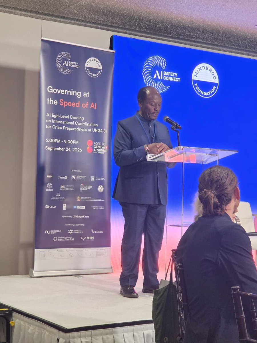 honkabogo's tweet photo. Last evening I joined partners at "Governing at the Speed of AI". The high-level evening on international coordination for AI crisis preparedness was held at the United Nations Headquarters in New York on the margins of #UNGA81.

Artificial intelligence is now part of how we deliver health, agriculture, education, financial services and public administration. Every country should be able to recognise an AI-related incident, understand it and protect its people, whether or not it builds these systems itself. Preparedness has to be in place before a crisis. That means agreed responsibilities, early warning, incident reporting and a coordinated response across borders.

Kenya proposed a practical international AI crisis-preparedness exercise that brings together governments, AI developers, national AI and cybersecurity institutions, international organisations, researchers and civil society. We invited partners to take this work forward at the Internet Governance Forum, which Kenya hosts in Nairobi from 14 to 18 December 2026.

#UNGA81 #AISafety #IGF2026 #DigitalKenya #KenyaAtUN