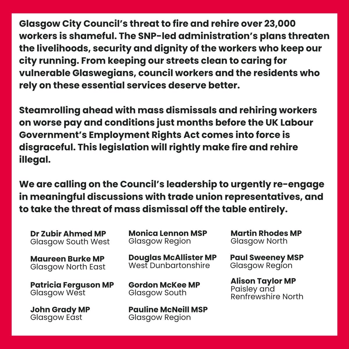 johnadgrady's tweet photo. It is shameful that the SNP council in Glasgow is threatening to ram through fire and rehire before it is made illegal by our UK Labour Government.

Join statement from @ScottishLabour MPs and MSPs👇 https://t.co/aJQL1BLVaF