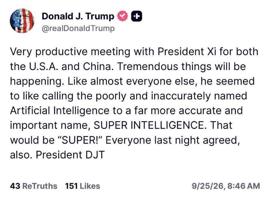 ReillyBelle57's tweet photo. Trump saying that Artificial Intelligence will now be called “SUPER INTELLIGENCE”. You know what I’m going to call it? AI or Artificial Intelligence. What about you? https://t.co/KoEfAUdgff