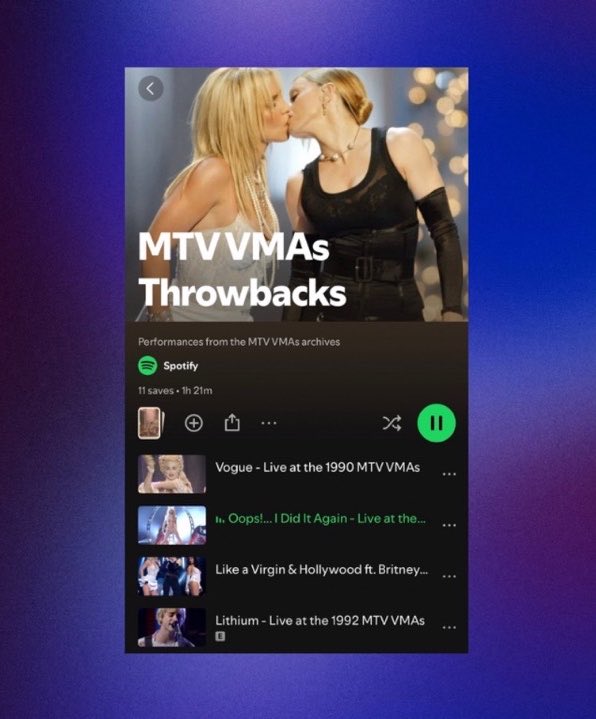 GossipBritney's tweet photo. Britney Spears e Madonna são capa da playlist oficial do VMAs no Spotify. A playlist traz as performances completas dos momentos mais icônicos da premiação, que agora podem ser vistos na plataforma de stream. ❤️ https://t.co/WqTuX0U9by