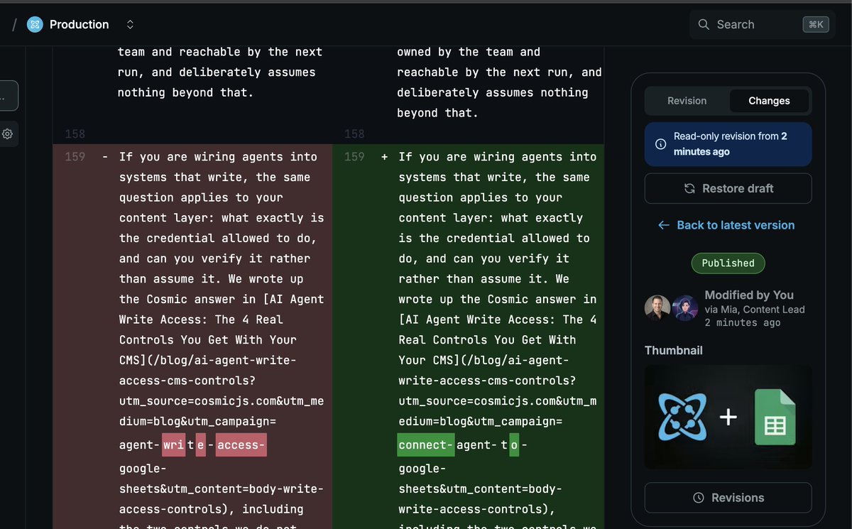 tonyspiro's tweet photo. One of the great things about working with agents on your content, is they will correct things that you miss.

I changed the slug of the article before publishing and it caught this. https://t.co/4z093MECV8