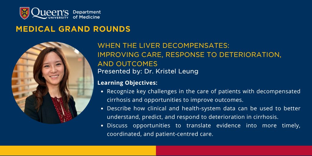 QueensuDOM's tweet photo. Join #MedicalGrandRounds with Dr. Kristel Leung! Patients with decompensated cirrhosis face high risk of deterioration and rehospitalization. This talk covers how clinical and health-system data can better predict risk, improve care, and coordinate cirrhosis care. 
📅Oct 1 | 7:45 https://t.co/NDVewkUmwn