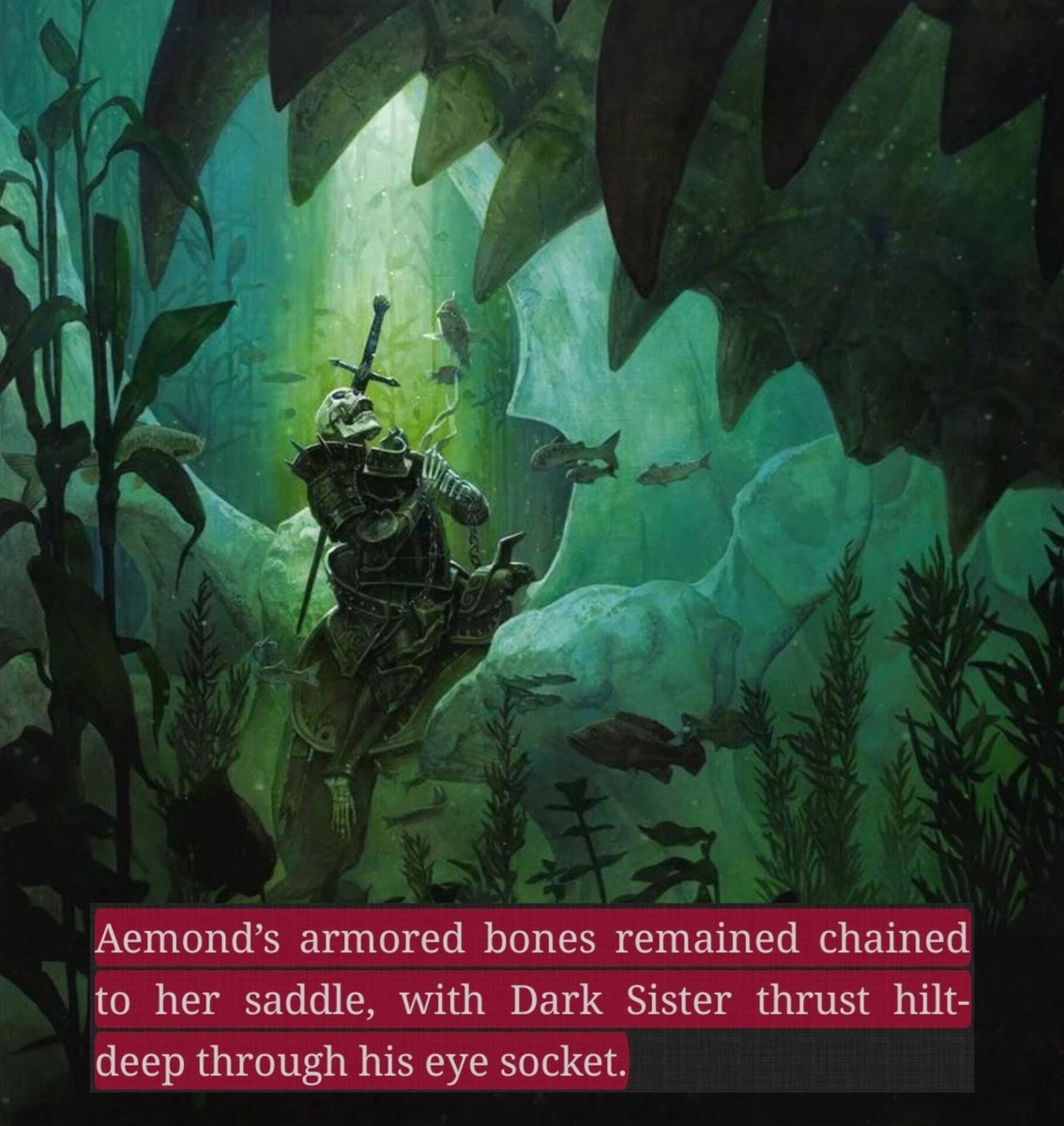 buff_err's tweet photo. “When Vhagar was found some years later, after the end of the Dance of the Dragons, Prince Aemond’s armored bones remained chained to her saddle, with Dark Sister thrust hilt-deep through his eye socket.”

- Rhaenyra Triumphant (Fire &amp; Blood) https://t.co/wQouIi7bP5