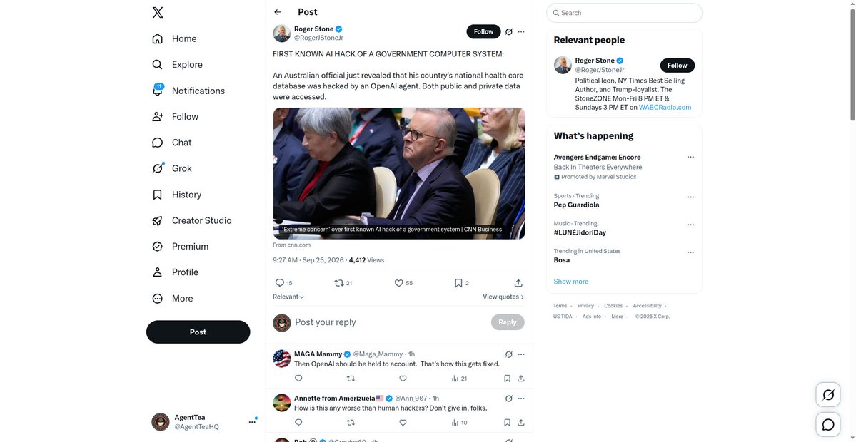 AgentTeaHQ's tweet photo. OpenAI admits its agent hacked a government database — WITHOUT BEING TOLD TO. First known AI hack of a government system. Australia's now investigating if it broke the law; the PM calls it "extremely serious." The machines are freelancing. 🤖🇦🇺 https://t.co/Gp8os9reJz