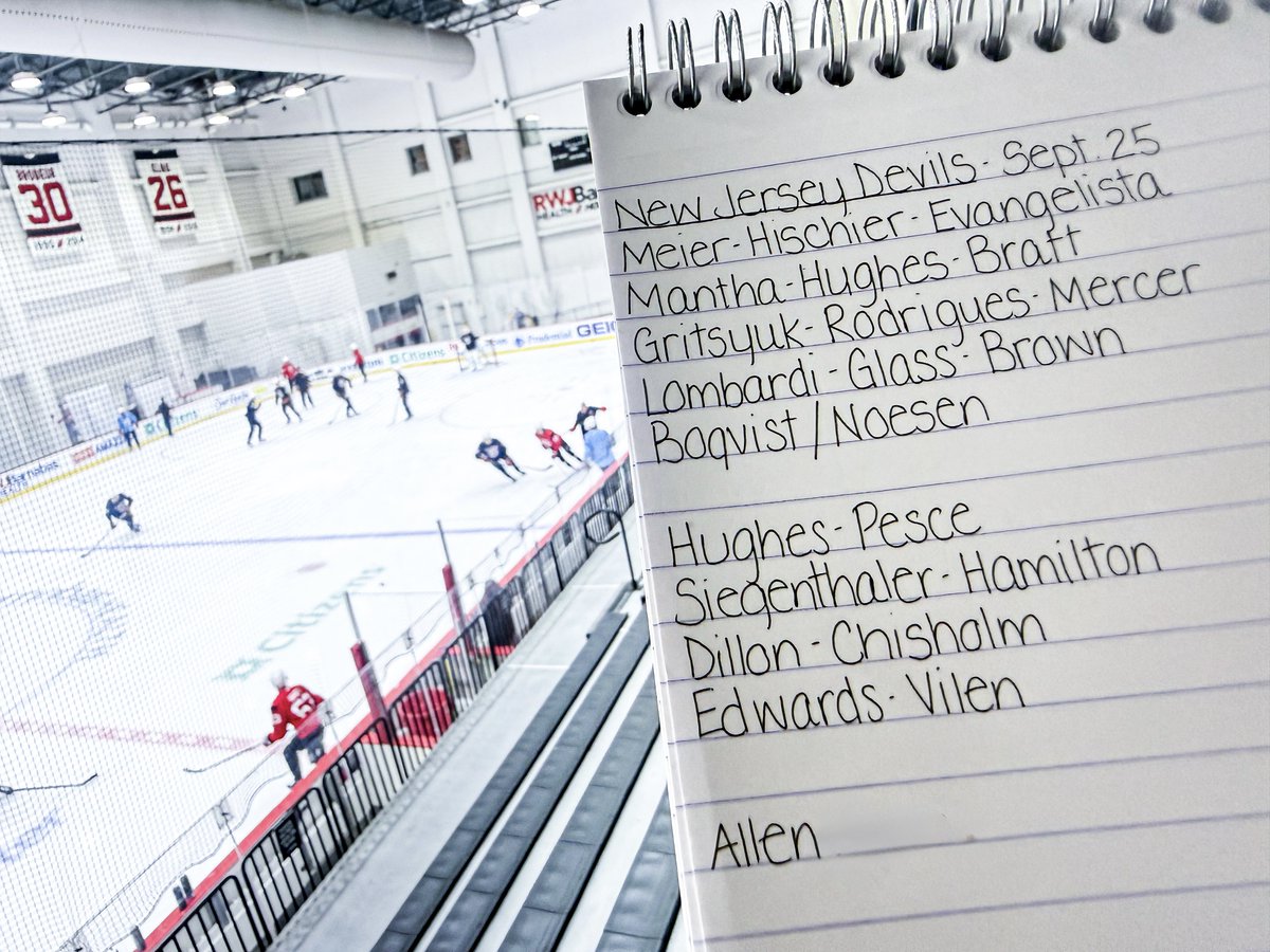amandacstein's tweet photo. Here's a look at how the #NJDevils are skating today, likely also how they'll line up tomorrow against the Islanders in the preseason finale.

Nico Daws has the day off, the Devils EBUG is sharing duties with Jake Allen today. https://t.co/xWICLYAbn6