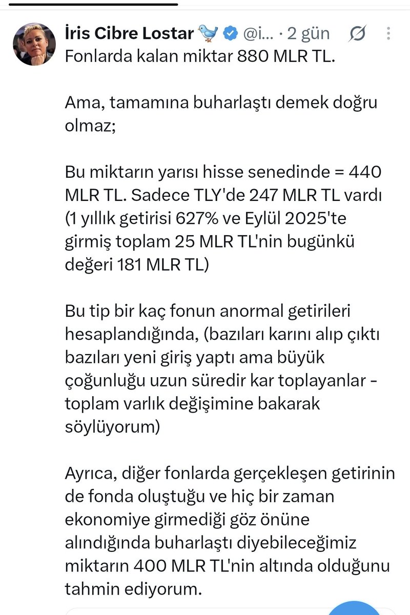 iriscibrelos's tweet photo. Sosyal medyada "buharlaştı - sildi" miktarı çok abartılı kullanılıyor.

Fonların toplamında bulunan meblağ zaten 880 MLR TL = 18 MLR USD (rakamlar gittikçe enflate oluyor...) 

Ayrıca, bu paranın yarısından fazlası aşırı değer artışı ve hiç ekonomik aktiviteye girmedi.

Pazar ve Çarşamba günü bu konuyu detaylandırmaya çalışmıştım👇