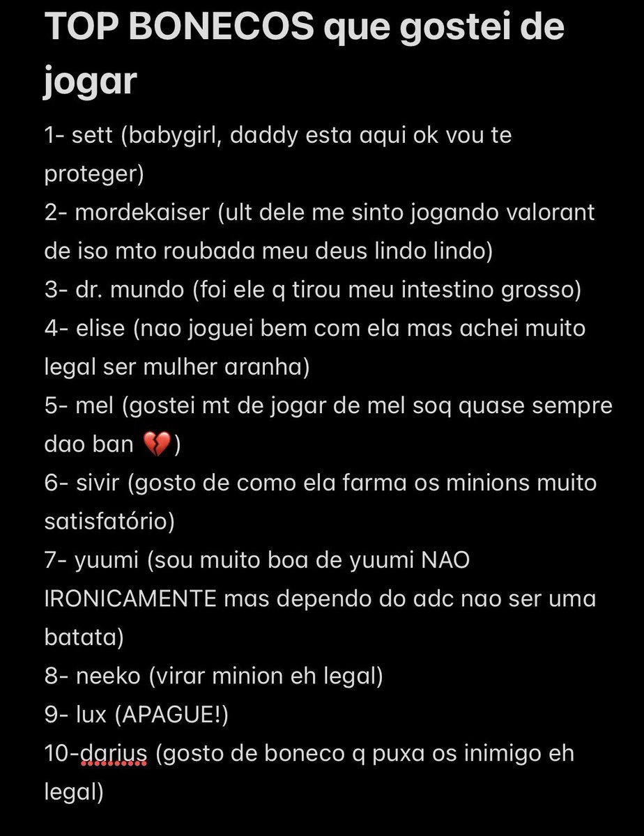 drytski's tweet photo. top 10 bonecos do lol q mais gostei de jogar ate agr + comentários https://t.co/KjriT19zuI