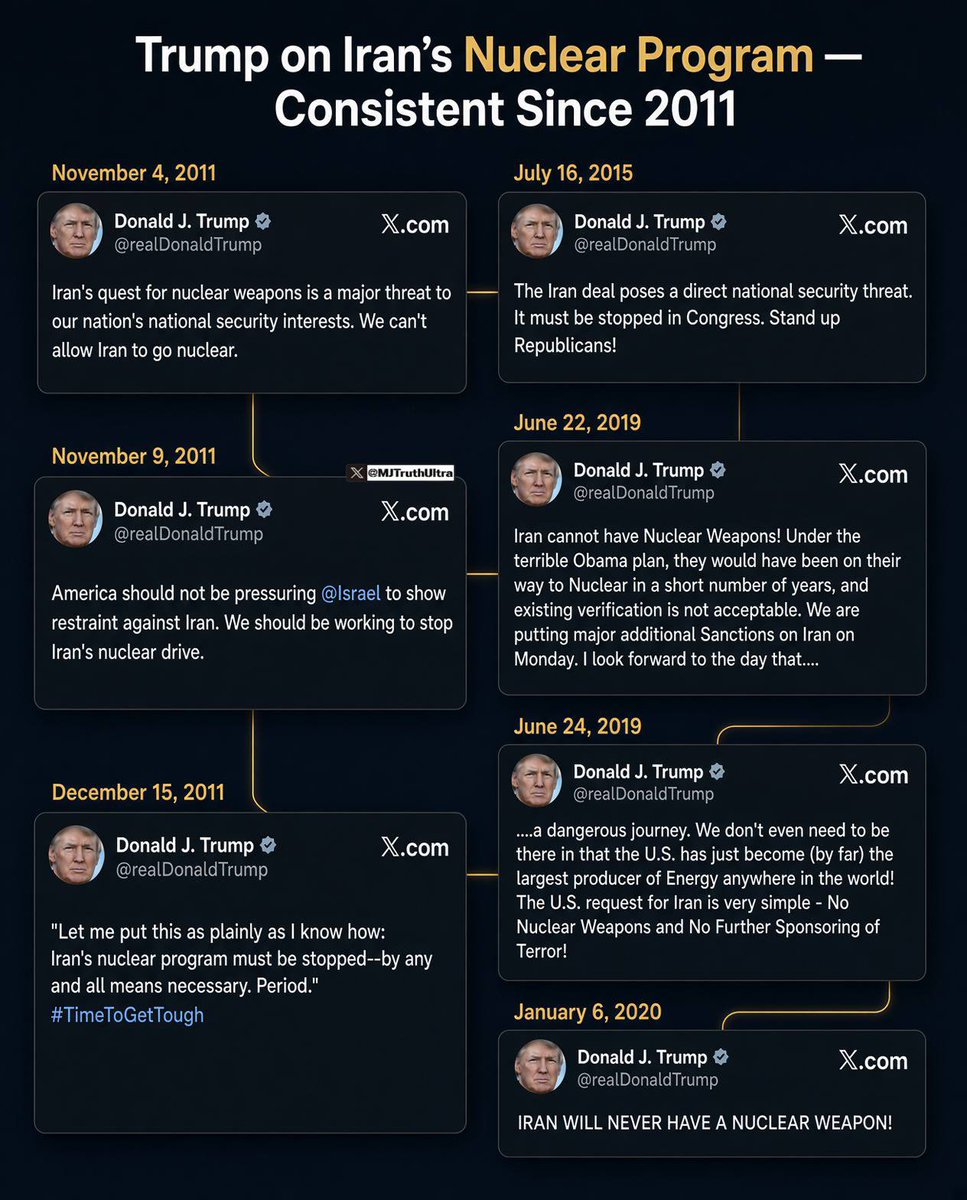 MJTruthUltra's tweet photo. Those saying President Trump has “changed” over the years because of this war with Iran, and say we didn’t vote for this… yes you did. You just chose to forget he has been consistent on this subject for 15 years.

And if you don’t understand what Obama did sending billions in CASH to Iran, you don’t deserve a say in the conversation.
