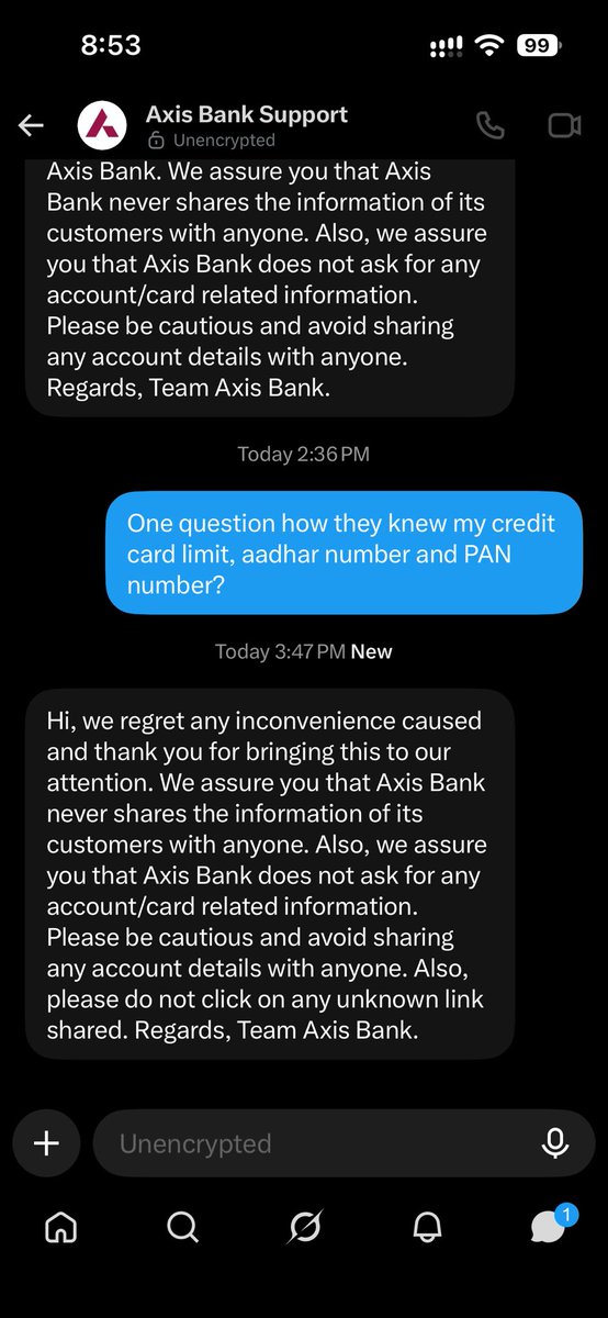 imonkar21217's tweet photo. @AxisBankSupport What kind of response is this? I asked how they knew my card details, pan details? @AxisBank @RBI https://t.co/faW2Letjpn