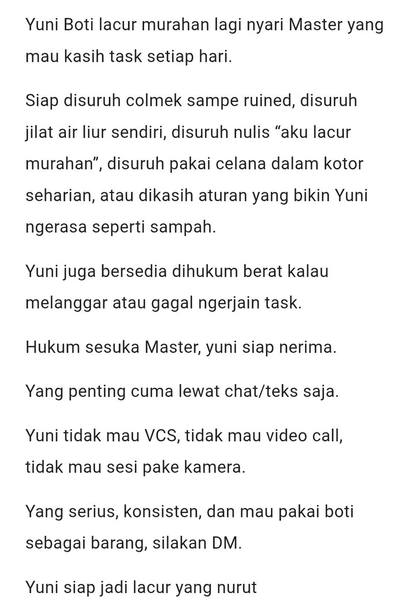 yunita_ginata's tweet photo. #CariDom #CariMaster #BotiLacur #LonteNyariMaster #TaskHarian #OnlineDom #DomIndonesia #SubIndonesia #BDSMIndonesia #WariaSub #DailyTask #RuinedOrgasm #HukumanBerat #NoVCS #TextOnly #LacurMurahan https://t.co/hnKHOY3jPz
