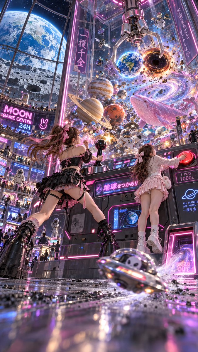 mina_pinkdays's tweet photo. 月面ゲーセン。

🩷「地球いける！いける！」
🤍「…………押す。」

🌍 地球GET目前
🕳️ ブラックホールも掴んだ
🛸 UFOは脱走中

お願いやから地球だけ取って。🤣

#AI美女 #月面ゲーセン #異世界 #AIart https://t.co/4hcfAZbHXe