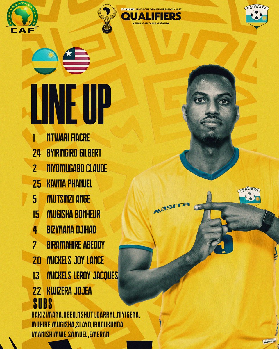 FERWAFA's tweet photo. THE LINE-UP IS HERE

The XI ready to fight for the flag.

ONE TEAM. ONE MISSION. ONE NATION. 

Let’s ROAR! 

#TuriAmavubi https://t.co/VXGsxpVdqZ