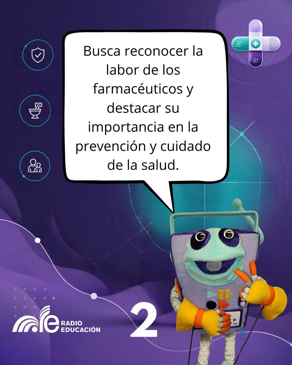 RadioEducacion's tweet photo. Con motivo del Día Mundial del Farmacéutico, aquí te compartimos algunos datos importantes sobre este efeméride 🏥🙌🏽👩🏻‍⚕️ #farmaceutico #medicamentos #cuidado #informacion #makaua https://t.co/2x2TqcZBmJ