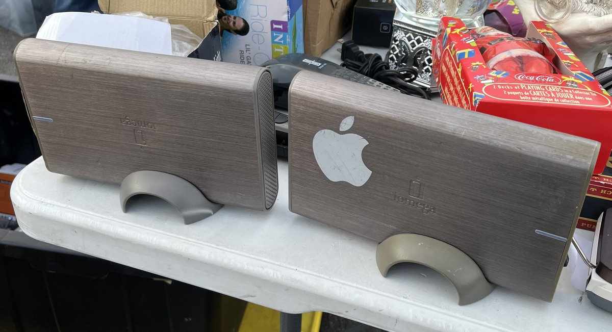 RetroFox8Bit's tweet photo. Flea Market Friday time - saw this pair of iomega external drives. The Apple sticker could be a sign of backups of Macintosh files which was enough to ask, but $20 each with no PSUs, pass. Grabbed four Atari 5200 games, Amidar, &amp; manuals for a total of $10 since I have the 5200. https://t.co/8cTySFJlkZ