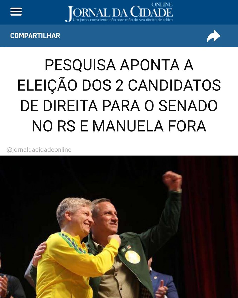 JornalDaCidadeO's tweet photo. PESQUISA APONTA A ELEIÇÃO DOS 2 CANDIDATOS DE DIREITA PARA O SENADO NO RS E MANUELA FORA

O candidato ao Senado pelo NOVO, Marcel van Hattem, aparece na liderança da pesquisa Neokemp para o Senado no Rio Grande do Sul, com 26,3% das intenções de voto. Ubiratan Sanderson (PL) aparece em seguida, com 23%.

Na sequência, aparecem Manuela D'Ávila (PSOL), com 19,2%, Paulo Pimenta (PT), com 14,9%, e Germano Rigotto (MDB), com 5,8%. Frederico Antunes (PSD) registra 1,6%; Daniela Mulheres Socialistas (PSTU), 0,4%; Renato Jaguarão (Cidadania), 0,3%; Ric Jones (PCO), 0,2%; Milton Cardoso (PSDB), 0,1%; Regis Ethur (PSTU), 0,1%; Tania Peres (UP) e Luciano do MLB (UP) não pontuaram. Não sabe soma 5,4%, enquanto 2,6% declararam voto em branco ou nulo.

A pesquisa considera a soma do primeiro e do segundo voto para o Senado, totalizando 200%, já que cada eleitor poderá escolher dois candidatos. Neste ano, estão em disputa duas vagas ao Senado pelo Rio Grande do Sul.

Realizado pela Neokemp Pesquisas, o levantamento ouviu 1.008 eleitores nos dias 23 e 24 de setembro de 2026. A margem de erro é de 3,1 pontos percentuais, com nível de confiança de 95%. A pesquisa está registrada no Tribunal Superior Eleitoral sob o nº RS-08358/2026.

Matéria do Jornal da Cidade Online