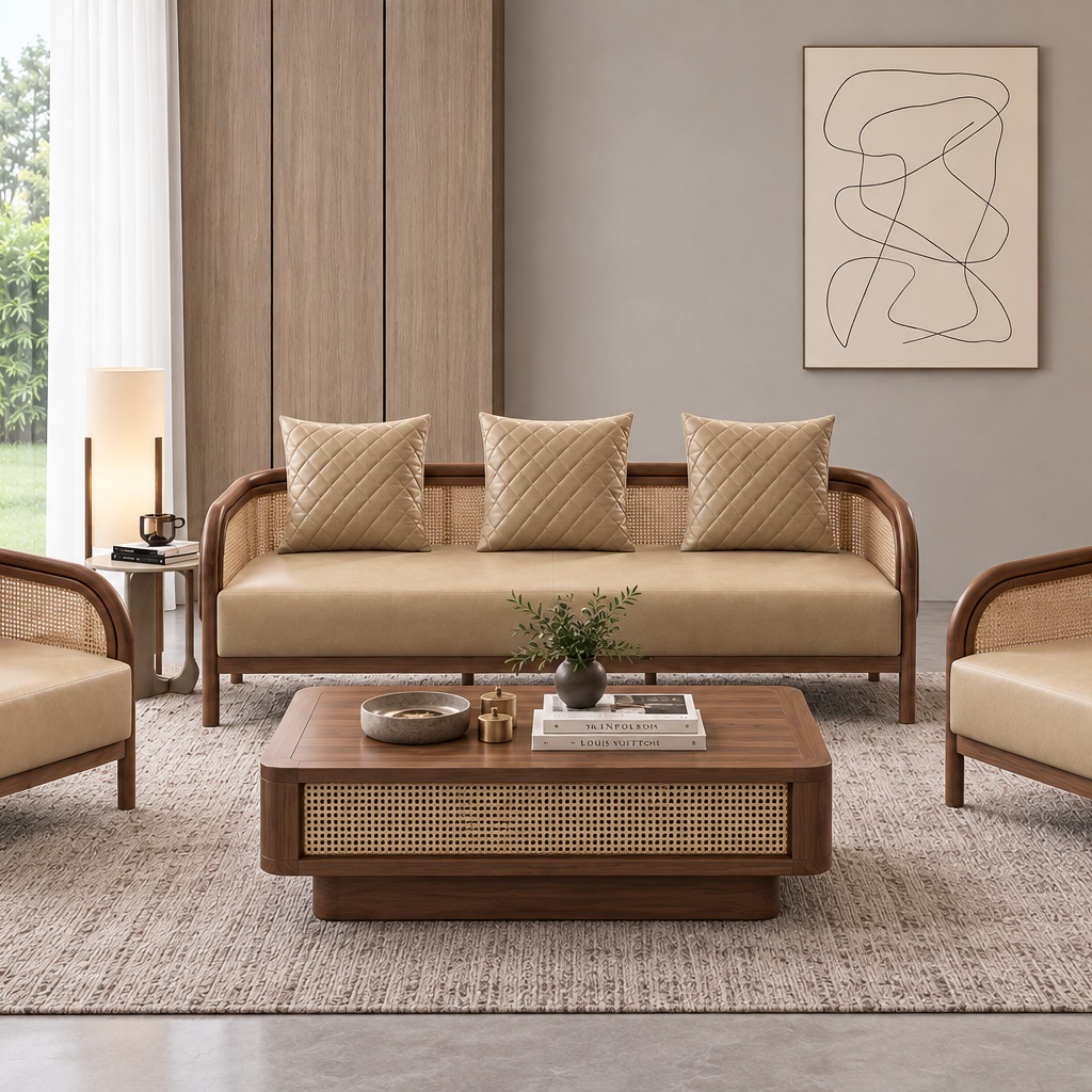 RobbieLakelem's tweet photo. Solid wood frame, handwoven cane panels, and premium comfort come together in this elegant sofa set. A timeless, contemporary addition to any sophisticated living space. Call +91 63998 99030. https://t.co/KG8CQgXjsh