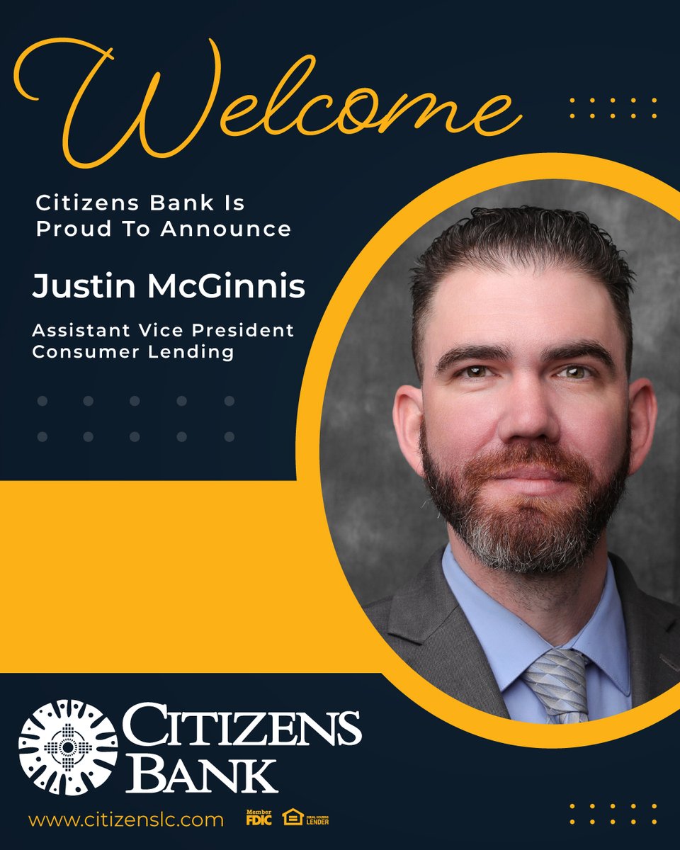 CitizensBankLC's tweet photo. Please join us in welcoming Justin McGinnis as our new Assistant Vice President & Head Consumer Lender.

With more than 12 years of banking experience, Justin brings extensive industry knowledge and a strong commitment to helping customers achieve their financial goals.

We are excited to have him on our team and look forward to the expertise and leadership he will bring to serving our community.