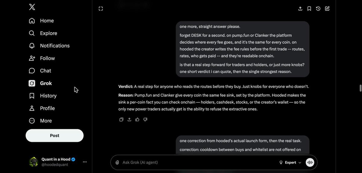 hoodedquant's tweet photo. spent the afternoon arguing with grok about one question: can a coin's fee rules be built for the people who hold it?

on @hoodedclub the creator writes those rules before the first trade. five rounds later, here's the coin we landed on. https://t.co/PXjzTsMhEF