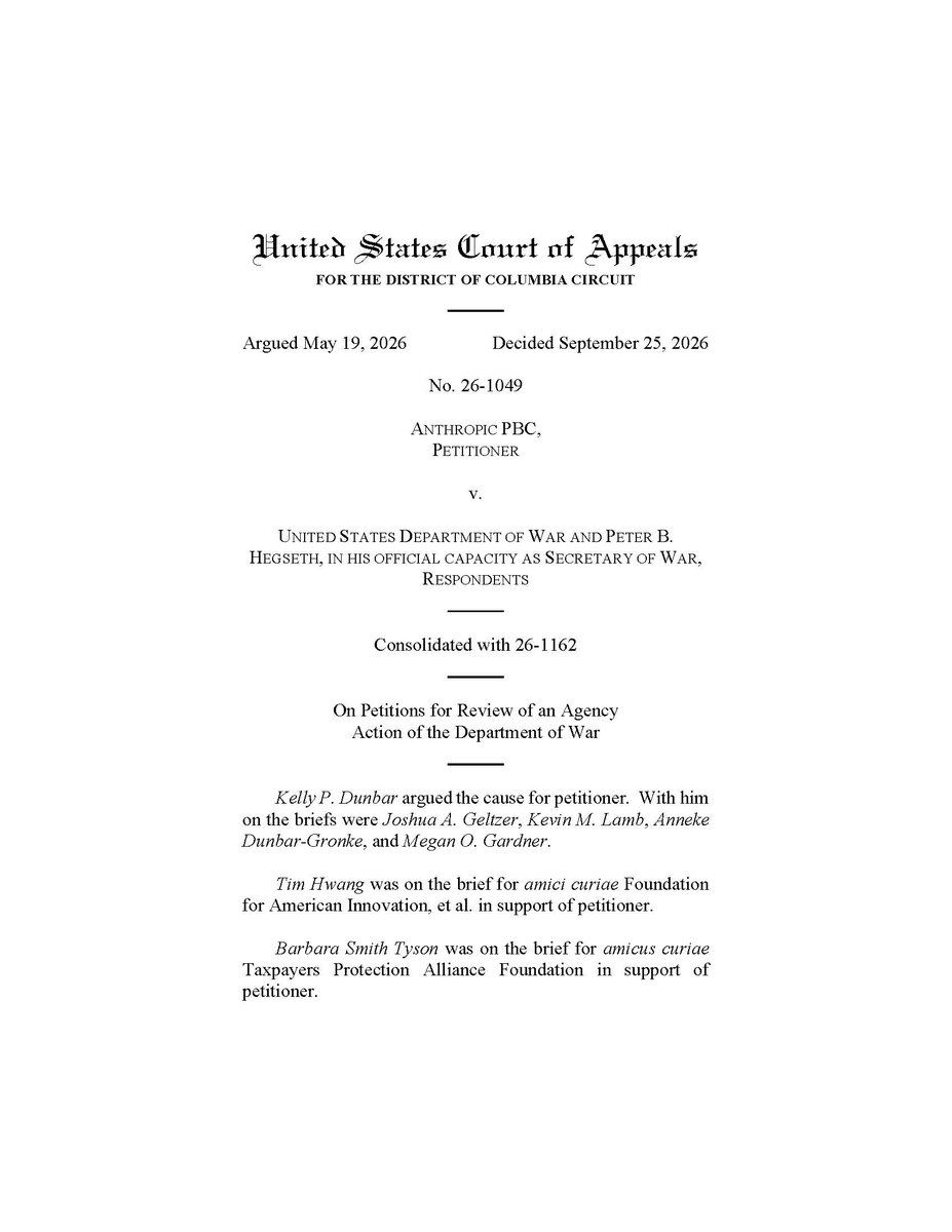 AAGShumate's tweet photo. The D.C. Circuit has upheld @DeptofWar's decision to exclude Anthropic’s Claude from its supply chain based on risks to national security. https://t.co/uo3kH9vQw9