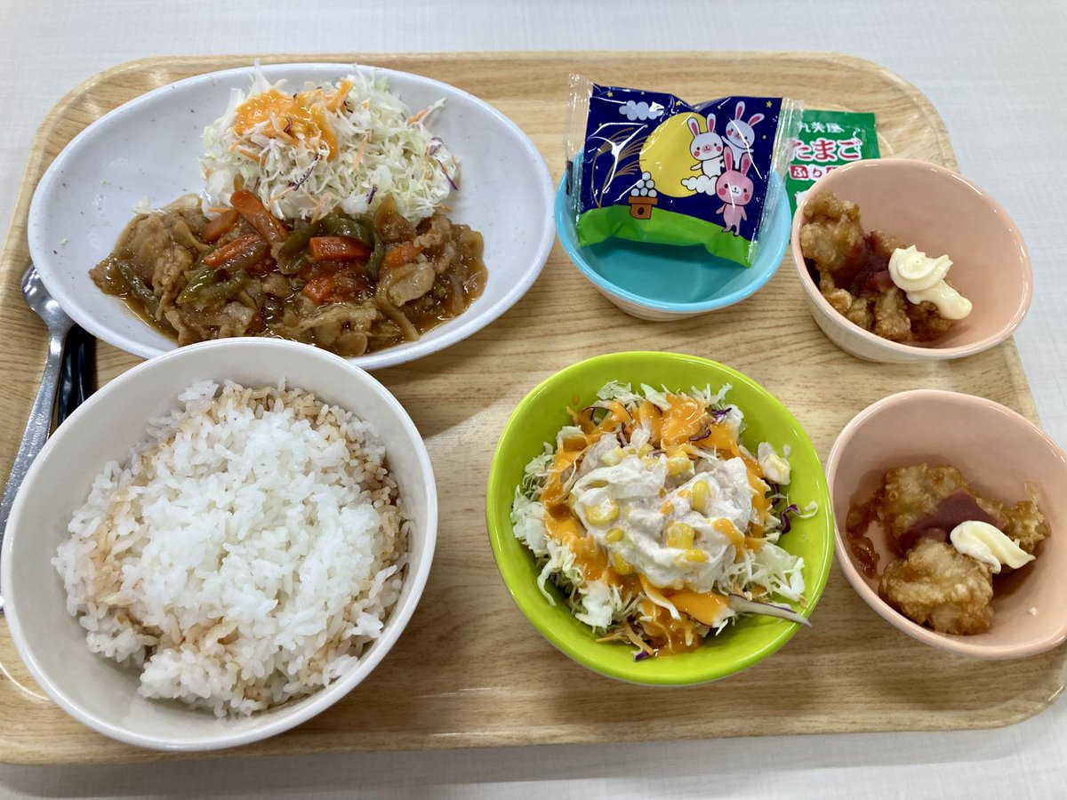 tea_double's tweet photo. 月見団子？を出すことで無理くり十五夜感を醸してくる社食😅

まぁ唐揚げ小鉢とオイスターソース炒めでしたから、当たりの日。

仕事は順調、となるようにふんばってるのよw https://t.co/vUoN8IkzWZ