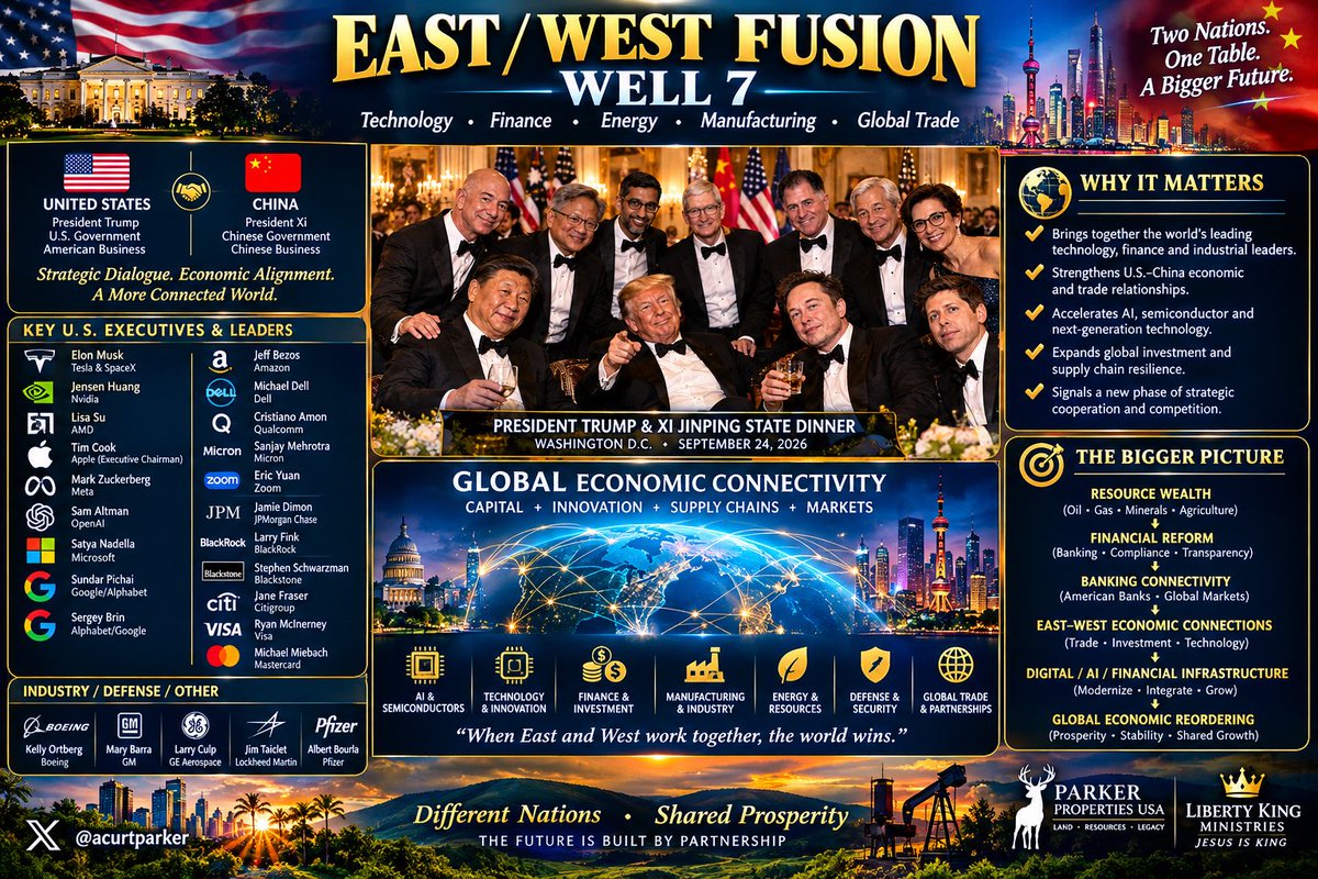 ACurtParker's tweet photo. 🌎 EAST / WEST FUSION 🌏
🌊🌊🌊 WELL 7 🌊🌊🌊🌊

🇺🇸 UNITED STATES
Trump / U.S. government
↓
🇨🇳 CHINA
Xi / Chinese government
↓
AI + SEMICONDUCTORS
NVIDIA • AMD • OpenAI • Google • Microsoft • Meta
↓
TECHNOLOGY
Apple • Amazon • Tesla/SpaceX • Dell • Qualcomm
↓
GLOBAL FINANCE
JPMorgan • BlackRock • Goldman Sachs • Citi • Blackstone • Visa/Mastercard
↓
INDUSTRY + ENERGY + DEFENSE
Boeing • GE Aerospace • Lockheed Martin • ExxonMobil • GM
↓

GLOBAL ECONOMIC CONNECTIVITY

📋 The guest list represents capital + technology + AI + semiconductors + energy + manufacturing + finance converging around a U.S.–China relationship. 

👉🏻 Reuters specifically noted that the dinner brought together major technology and business leaders while the summit addressed trade, rare earths and AI. 

One important distinction: 

✅ The observable fact is the extraordinary East–West business gathering.

And it fits remarkably well beside the Iraq development we were just discussing:

IRAQ 🇮🇶
American banks invited into Iraq
→ banking connectivity
→ global investment
→ oil/resource expansion

EAST ↔ WEST 🌎
U.S. + China
→ technology
→ finance
→ AI
→ energy
→ manufacturing
→ global trade

THE BIGGER 2026 CONVERGENCE

RESOURCE WEALTH
↓
FINANCIAL REFORM
↓
BANKING CONNECTIVITY
↓
EAST–WEST ECONOMIC CONNECTIONS
↓
DIGITAL / AI / FINANCIAL INFRASTRUCTURE
↓
GLOBAL ECONOMIC REORDERING

💥💥💥💥💥💥💥💥💥💥💥💥

🇺🇸 EAST / WEST FUSION — WELL 7

“When East and West work together, the world wins.”

“Believe in the LORD your God, and you shall be established; believe His prophets, and you shall prosper.”
— 2 Chronicles 20:20 (NKJV)

The nations are moving.
Technology. 
Finance. Energy. Manufacturing. Global trade.

Different nations …. shared prosperity.

Watch the convergence. 
Watch the harvest.

𝕏 @acurtparker
https://t.co/kpuA2gKfDD

#EastWestFusion #Well7 #GlobalEconomy #EconomicTransformation #GlobalTrade #Technology #AI #Semiconductors #Finance #Energy #Manufacturing #Innovation #Prosperity #Iraq #GlobalConnectivity #ParkerProperties #LibertyKingMinistries #JesusIsKing #Harvest