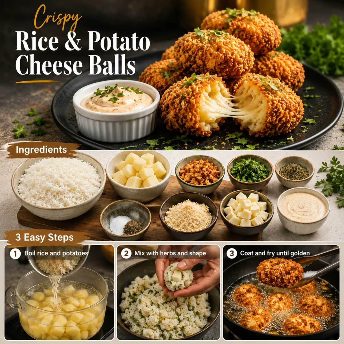 MarybethBexq's tweet photo. Crispy outside, cheesy inside! These rice and potato cheese balls are golden, crunchy, and packed with gooey melted cheese. Perfect for parties or snacking—would you dip them in spicy mayo, garlic sauce, or ketchup? https://t.co/Q0AErQvqjS