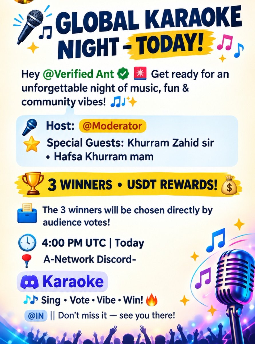 rani_deepi43073's tweet photo. Global Karaoke Night is here!
🎶 Sing, enjoy, and share your talent.
🏆 3 winners will receive USDT rewards.
🗳️ Winners will be chosen by audience votes.
🔥 Join us at 4:00 PM UTC and have fun! https://t.co/2lQQZs5FvA