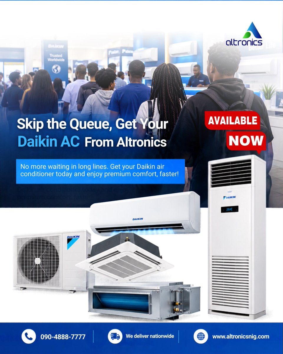 ALTRONICSnig's tweet photo. 🚚 Nationwide delivery available
📲 Call/WhatsApp: 090-4888-7777
🌐 https://t.co/ppTizzQcrP
Why wait? Get your Daikin today and start enjoying premium comfort faster! 💙
#AltronicsLimited #DaikinAC #AirConditioners #PremiumCooling #nationwidedelivery https://t.co/KE9vo7PIKo