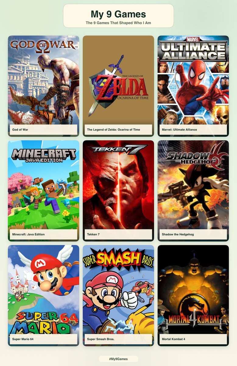 RaccoonPrevails's tweet photo. It was hard asf making this shit because I’ll be honest, it needs more slots for me. These are the main games I feel like had a major change in my life and shaped how I am as a person.

These games either introduced me to something or changed my perspective on things. https://t.co/X6dpG8eG08