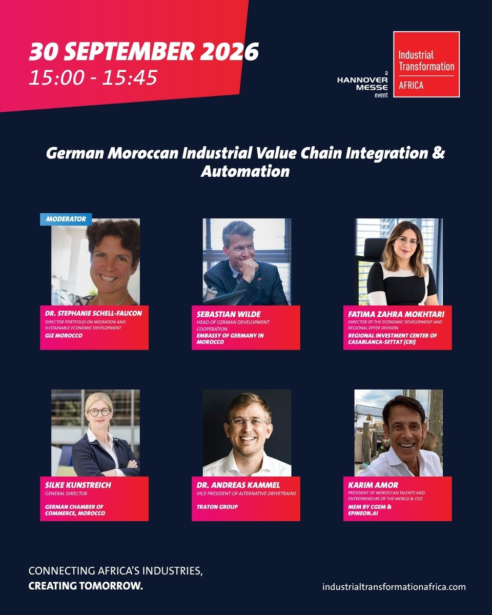 IndTraAfrica's tweet photo. German-Moroccan industrial cooperation at #ITAF2026!
Explore the integration and automation of the German-Moroccan industrial value chain.
📍 29 Sept – 1 Oct | OFEC, Casablanca
🎟️ Register now: https://t.co/W4Widp8jqa
#IndustrialTransformationAfrica2026 #Industry40 #SmartFactory https://t.co/OZGayvBrZP
