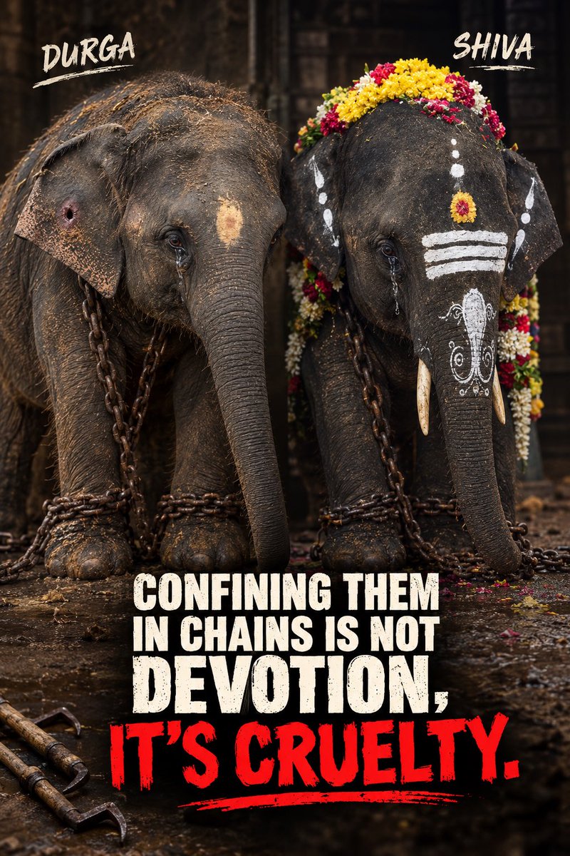 PFCII's tweet photo. CONFINING THEM IN CHAINS IS NOT DEVOTION. ITโS CRUELTY.
Look into their eyes.Durga. Shiva. Just babies.
They deserve freedom, dignity and their mothers, not a lifetime in chains, isolation and fear.
@CMOTamilnadu @CTR_Nirmalkumar @RameshOffcl
Please save them. Reunite them with their mothers.
#WhyTheChains #NoElephantsInTemples #StopElephantCaptivity