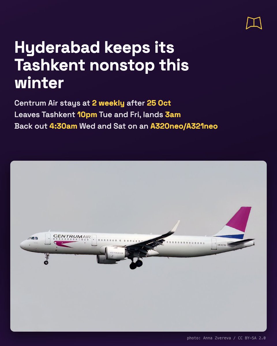 MagnifyClub's tweet photo. Centrum Air's Hyderabad to Tashkent nonstop stays on through the winter, twice a week after 25 Oct on the A320neo or A321neo. Flights leave Tashkent at 10pm on Tuesdays and Fridays, and head back from Hyderabad at 4:30am on Wednesdays and Saturdays. https://t.co/GWzynGnVct