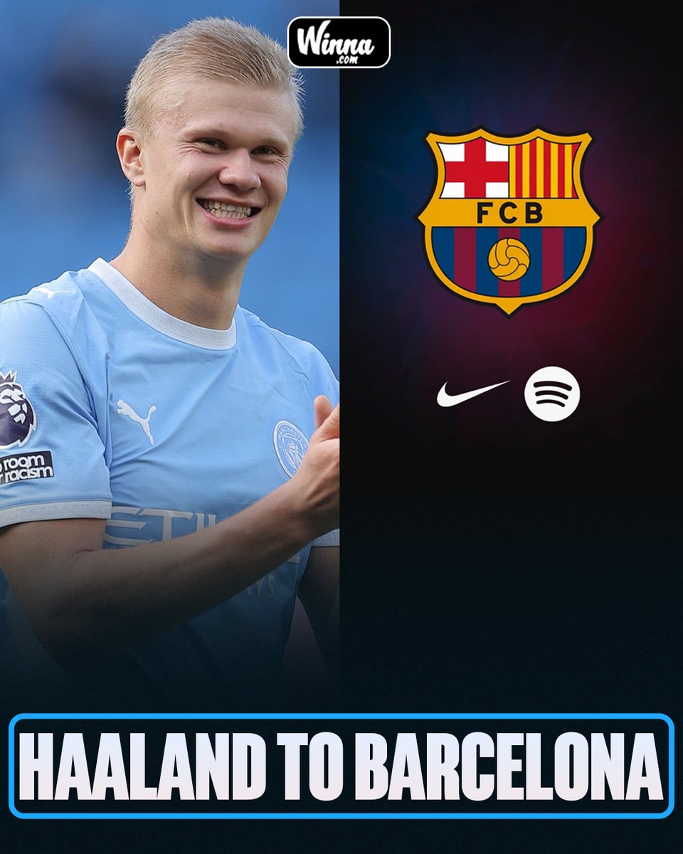 WinnaFC's tweet photo. 🚨| BREAKING: Haaland’s agent Rafaela Pimenta is reportedly close to Barcelona and Laporta. Man City’s conditions could push Haaland to finally join a bigger club, Barcelona.🤩 

We might soon see Haaland at Camp Nou.🤖🏟️ https://t.co/bviXWHu8up